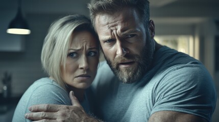 Intense Couple Reacting to Fearful Situation in Dimly Lit Room