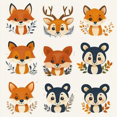 Adorable woodland animal illustrations foxes, deer, and bears.
