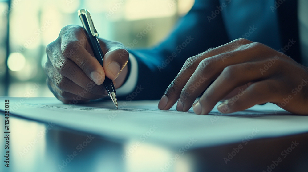 Poster close-up of hands holding pen and signing document on office desk in professional setting with blurr