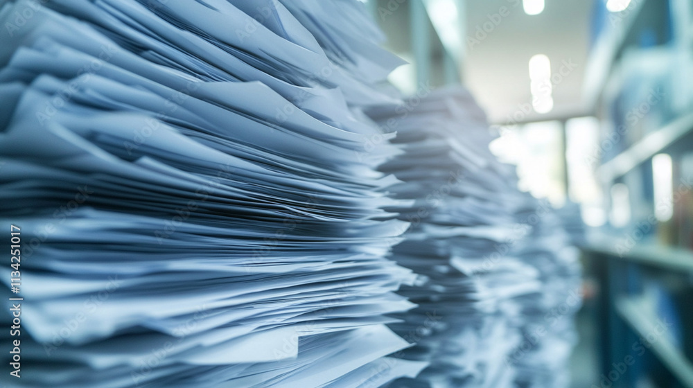 Poster stack of unorganized paperwork in office environment highlighting administrative chaos and document 