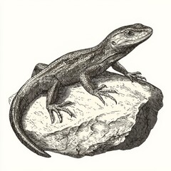 Naklejka premium A detailed illustration of a lizard perched on a rock, showcasing its textured skin and distinct features in an artistic black-and-white style.