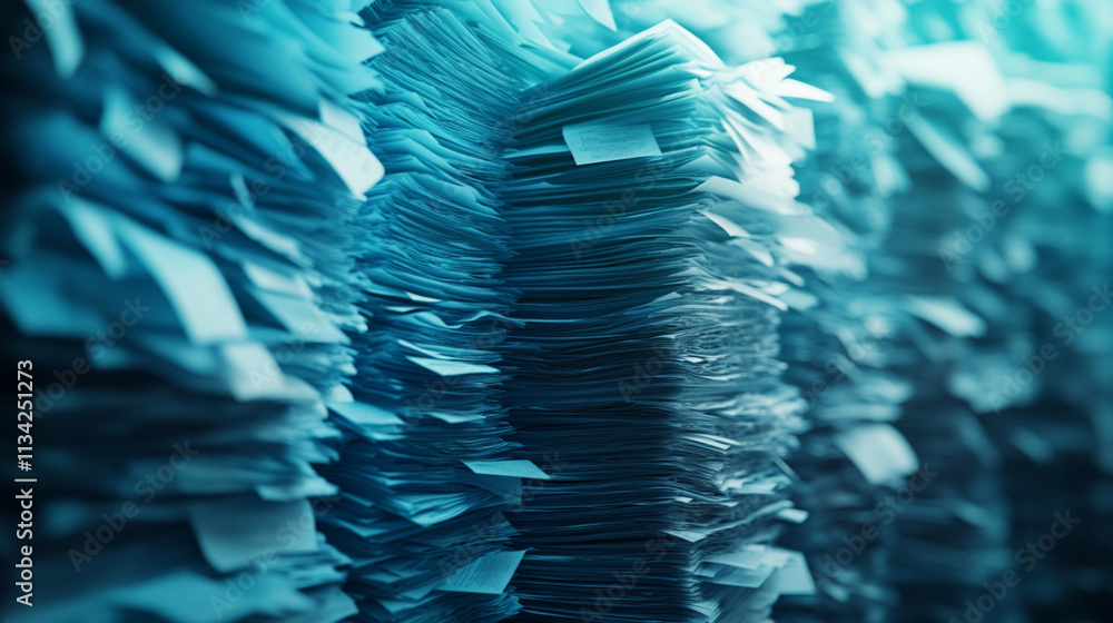 Poster stacked paper piles in a blue-toned office environment representing organization and workflow challe