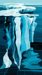 Digital illustration of a large iceberg floating in the ocean, with most of its mass submerged underwater. The iceberg is depicted in shades of blue and white, highlighting its icy texture.