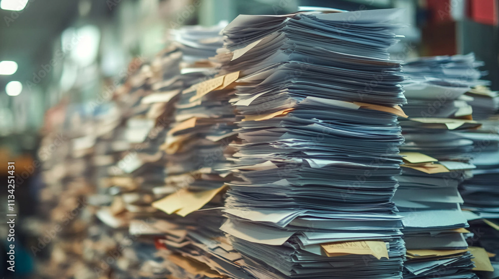 Aufkleber stacked document papers with yellow notes in a busy office environment overflowing with files and or
