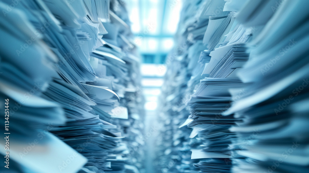 Poster dense stacks of paper documents in a bright office space creating a confined pathway for exploration