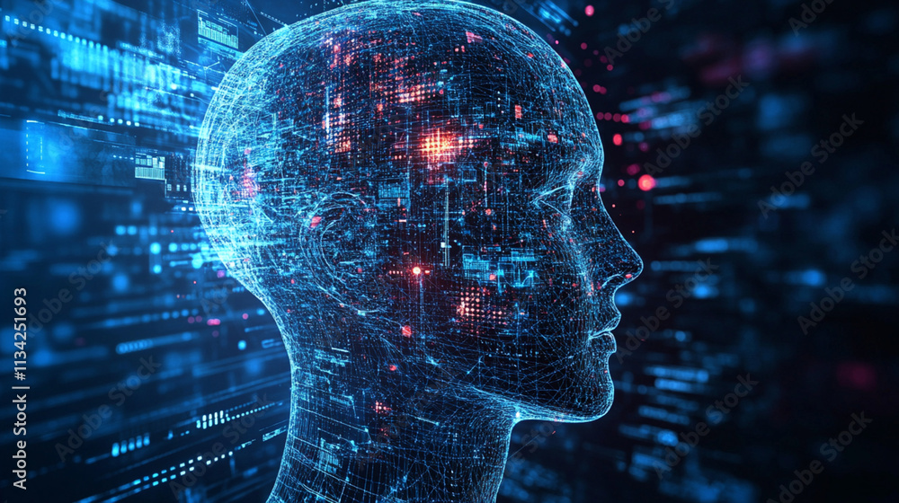 Poster futuristic digital human head with glowing data streams and network connections representing artific