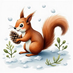 Fototapeta premium Cute cartoon squirrel holding pinecone in snowy scene