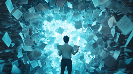 Man Surrounded by Flying Papers Symbolizing Chaos and Information Overload in a Dynamic Environment
