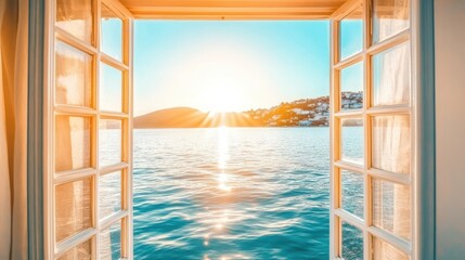 Open window view of sunrise over calm sea.