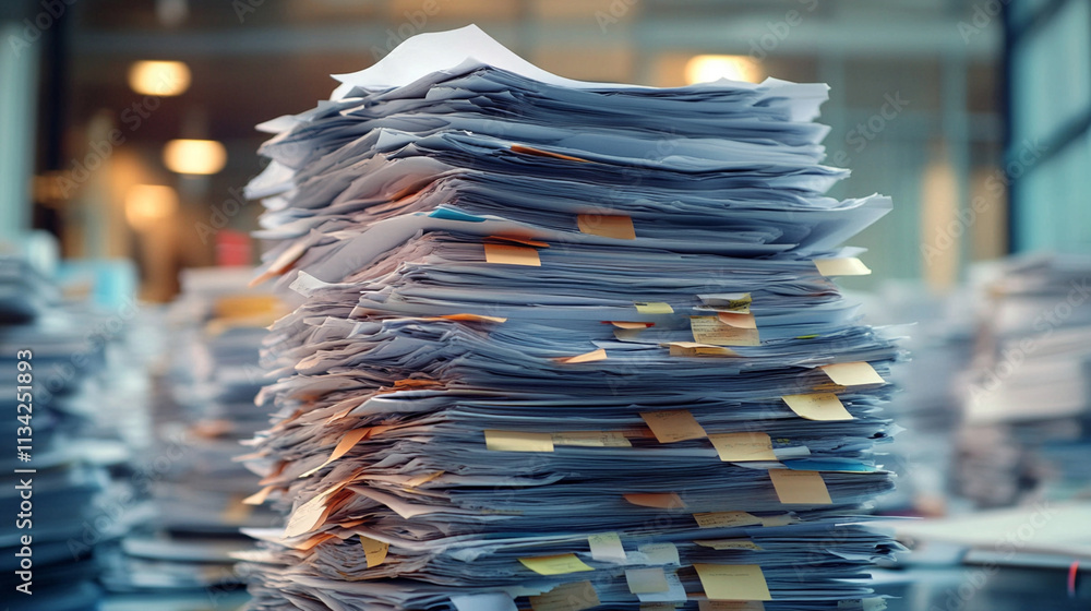 Poster large stack of disorganized papers with sticky notes in a modern office environment