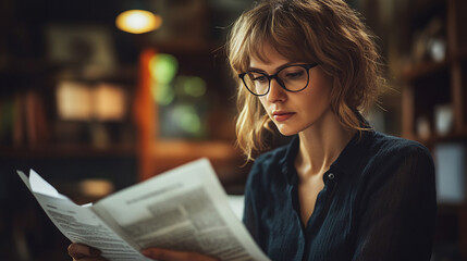 Thoughtful woman reading documents in cozy indoor setting with warm lighting and wooden shelves in background