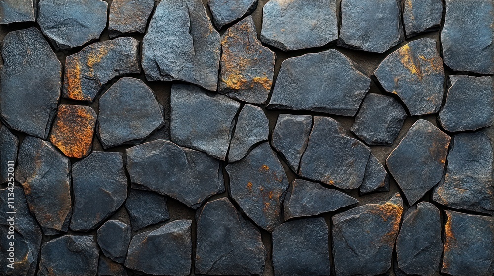 Poster a textured surface of dark stone blocks with some rust-colored accents.