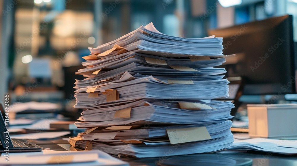Poster disorganized stack of papers with sticky notes on an office desk surrounded by technology and worksp