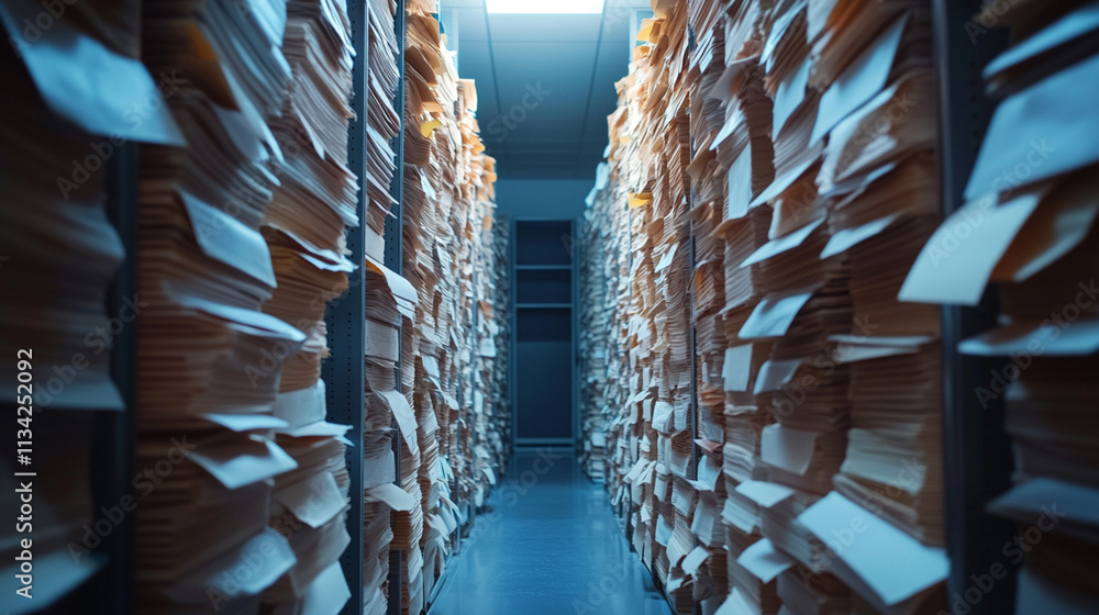 Poster densely packed archive room with stacks of paper documents and folders beneath bright overhead light