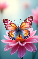 Fototapeta premium Colorful butterfly sits gently on beautiful pink flower. Vibrant hues, delicate details create joyful scene. Springtime summer vibes. Nature photo suitable for floral design concepts, kids books,