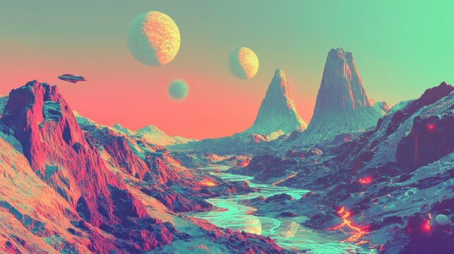 An alien landscape with jagged mountains, rivers of glowing lava, and a sky filled with twin suns and hovering alien spacecraft. Vibrant and surreal sci-fi world