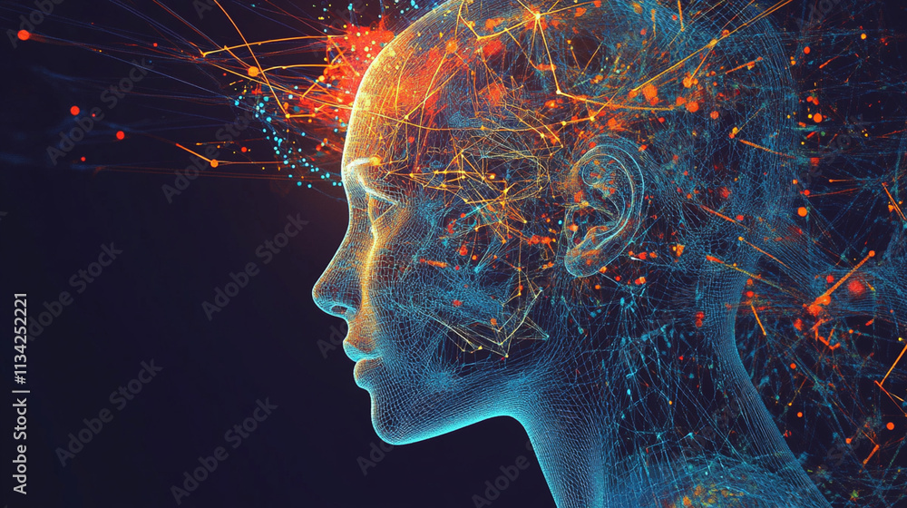Poster abstract representation of a human head showcasing neural connections and digital data flow in vibra
