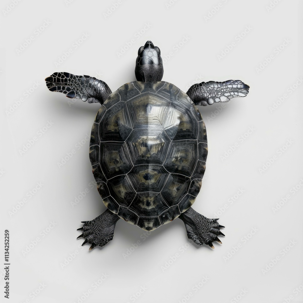 Poster studio shot of a turtle resting on a white background, showcasing its intricate shell patterns and o