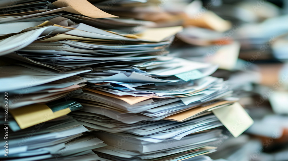 Aufkleber chaotic stack of unorganized papers and documents on desk creating a messy work environment