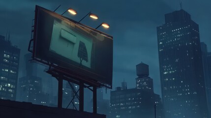 Urban billboard at night displaying an image of a tree. Foggy cityscape background with towering buildings and a water tower.