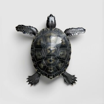Studio shot of a turtle resting on a white background, showcasing its intricate shell patterns and outstretched flippers