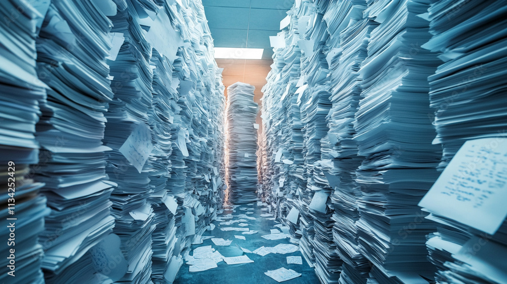 Poster stacks of disordered papers creating narrow passage in dimly lit office environment with overhead li