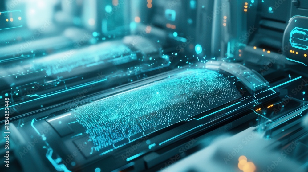 Poster futuristic data processing environment with advanced technology, circuitry, and bright neon effects 