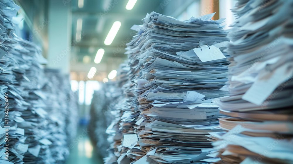 Aufkleber stacked paperwork in office environment representing clutter and disorganization in a workspace