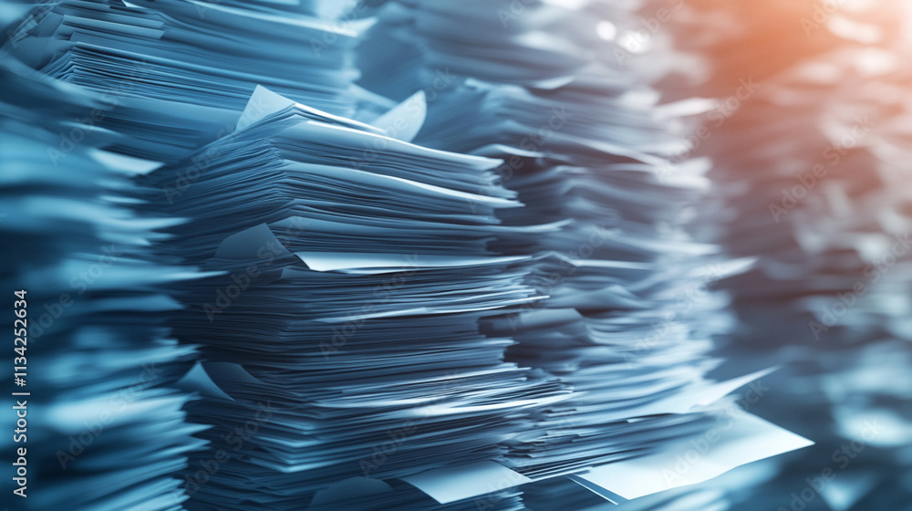 Poster stacked papers with blurred background depicting office clutter and disorganization in a modern work