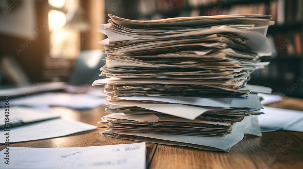 Poster messy stack of paperwork in a cozy office environment with blurred bookshelf background