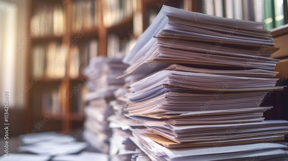 Poster overflowing piles of documents and papers in a library or office environment with blurred background