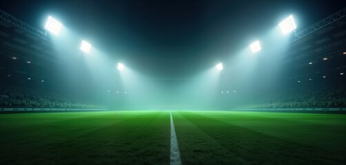 Empty foggy sports field at night. Bright stadium lights illuminate green grass. Foggy atmosphere creates mysterious sports arena mood. No people visible. Pro sports facility. Night game setting.