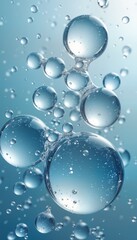 Abstract photo of water molecules. Clear spheres show molecular structure. Fluid dynamic beauty. Perfect for science projects. Illustrates water composition. Image evokes purity, natural elements.