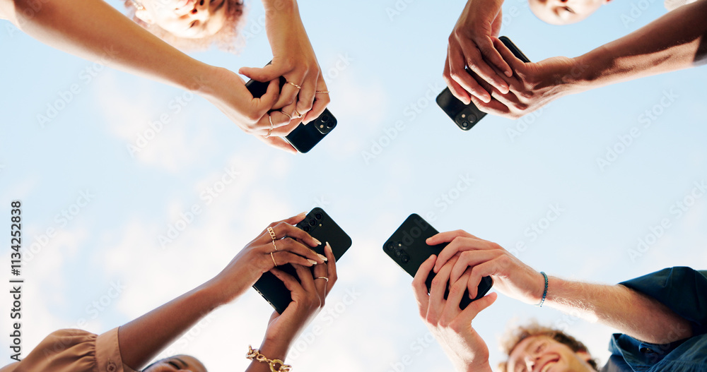 Poster people, hands and phone below with circle for data sync, share or network connectivity under blue sk