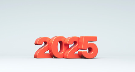 2025 Happy New Year. White New Year background with red 3D numbers 2025..