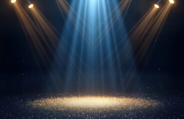 Dark blue stage with golden spotlight lines, glitter texture. Award ceremony setting. Elegant glamour background. Great for premium products events. Gold glitter highlights stage area. Perfect for