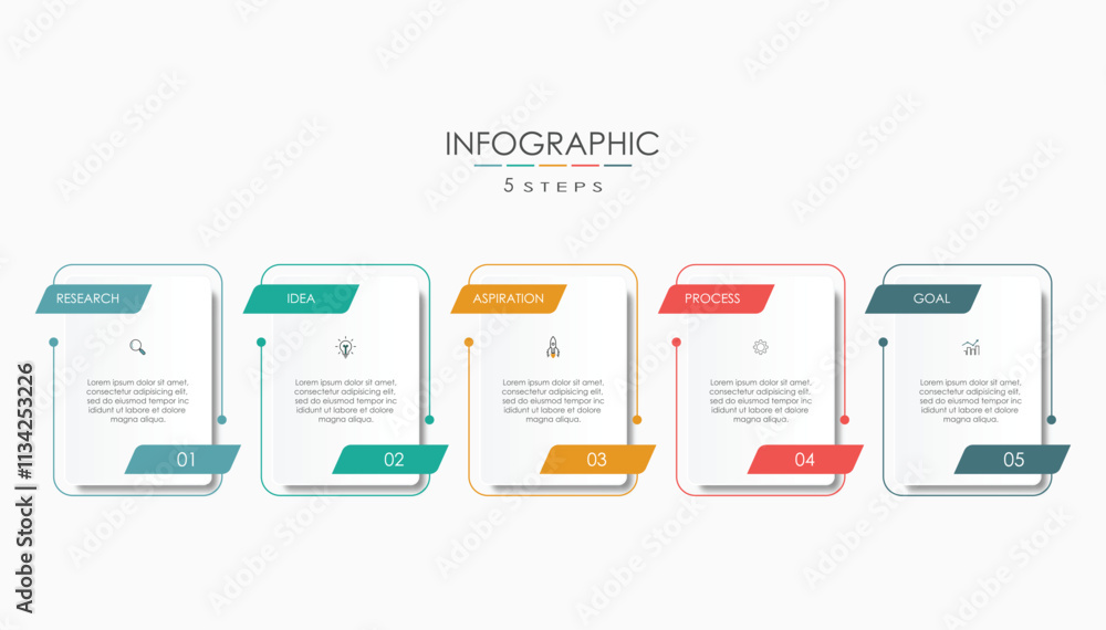 Aufkleber five step infographic element design vector template for presentation.