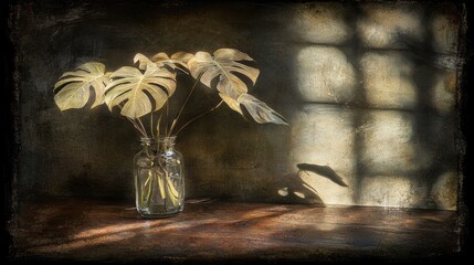 Fototapeta premium Elegant Monstera Leaves in Glass Jar with Soft Light and Shadow