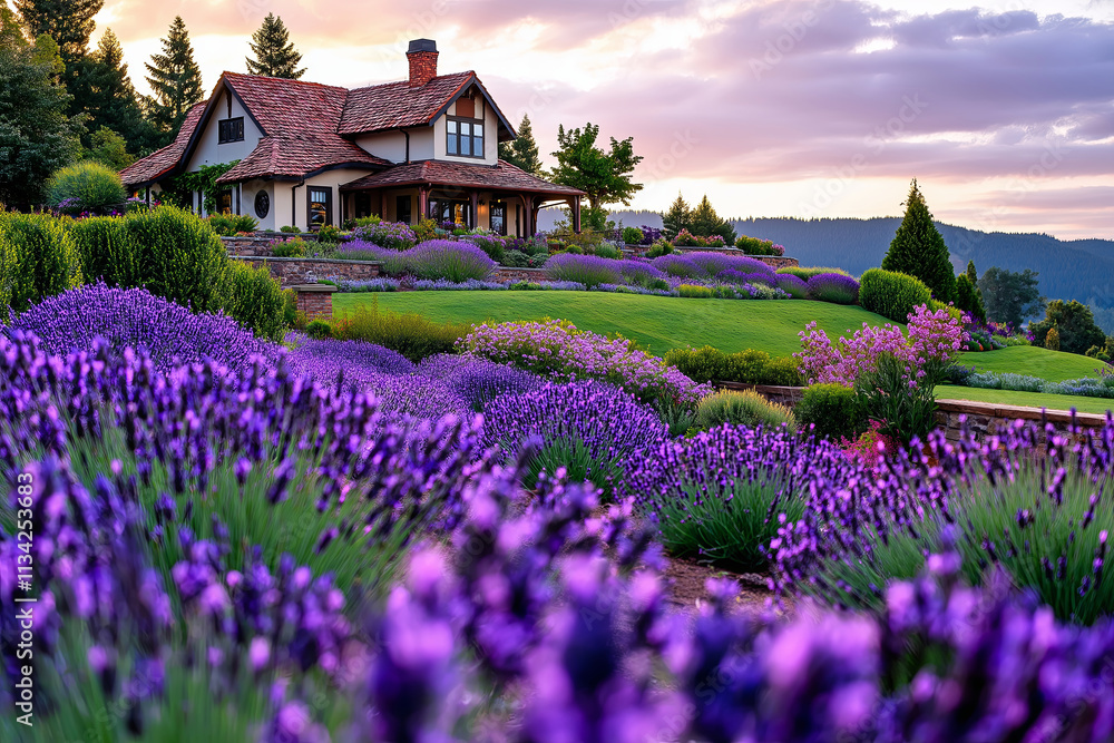 Poster a serene hillside covered in lavender fields with a rustic farmhouse in the distance