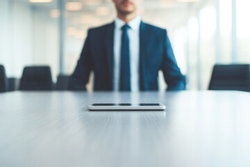 A man in a suit is sitting at a table with a cell phone on it