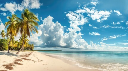 Fototapeta premium Tropical beach with palm trees and sand panoramic banner