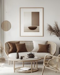 Scandinavian living room featuring a white poster frame on the wall and a sofa.