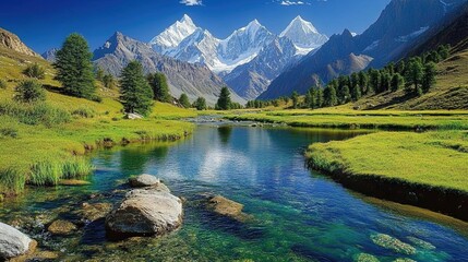 A serene mountain landscape with clear blue waters, lush green meadows and snow-capped peaks in the background