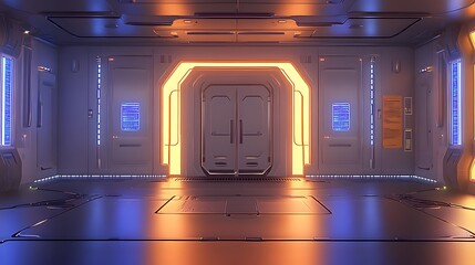 Futuristic spaceship interior with illuminated doorway and glowing panels.