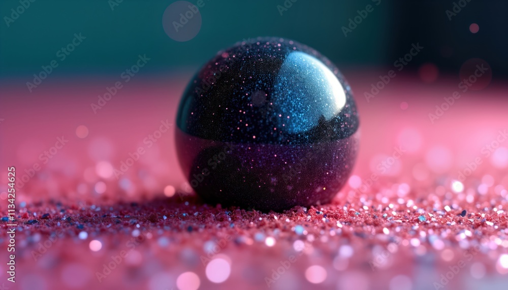 Poster Dark glittery sphere rests on pink sparkly surface. Close up view highlights sphere dark color with embedded glitter. Pink sparkly surface creates festive feeling. Design likely for holiday special