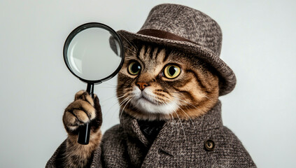 "Cat in English Deerstalker Hat and Coat with Magnifying Glass"