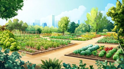 Obraz premium Vibrant urban garden with diverse plants and city skyline view.