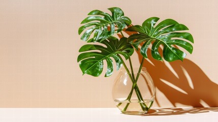 Obraz premium Bright Monstera Leaves in a Clear Glass Vase on a Soft Background