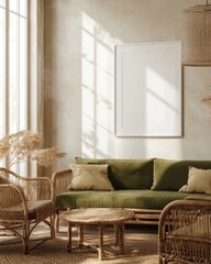 A living room with a green couch, a coffee table, and a white framed picture