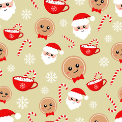 Vector pattern with Santa Claus, gingerbread man, candy cane, cocoa cup and white snowflakes